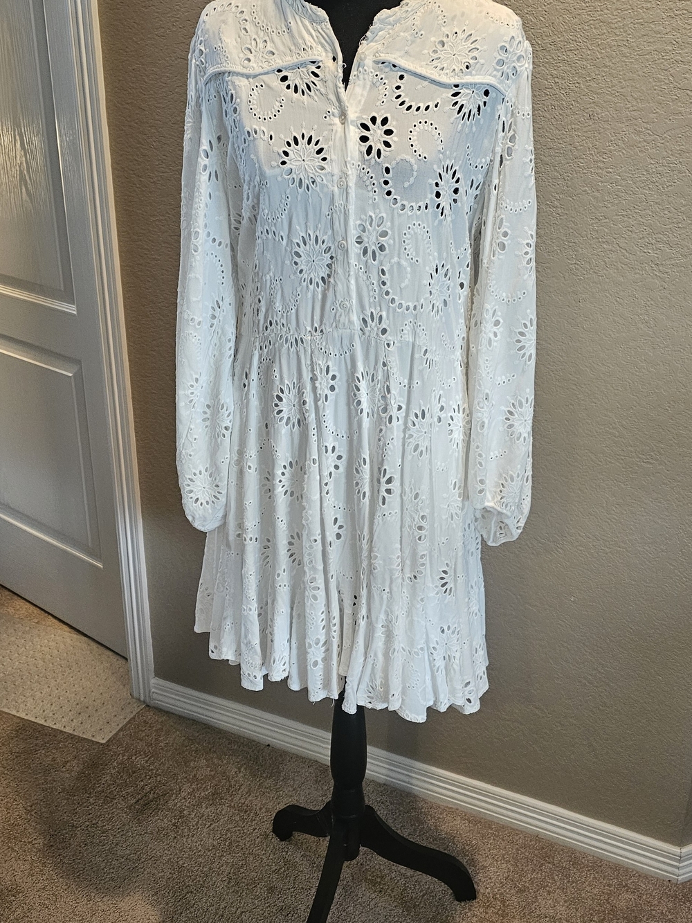 Maje White Eyelet Tiered Long Sleeve Dress